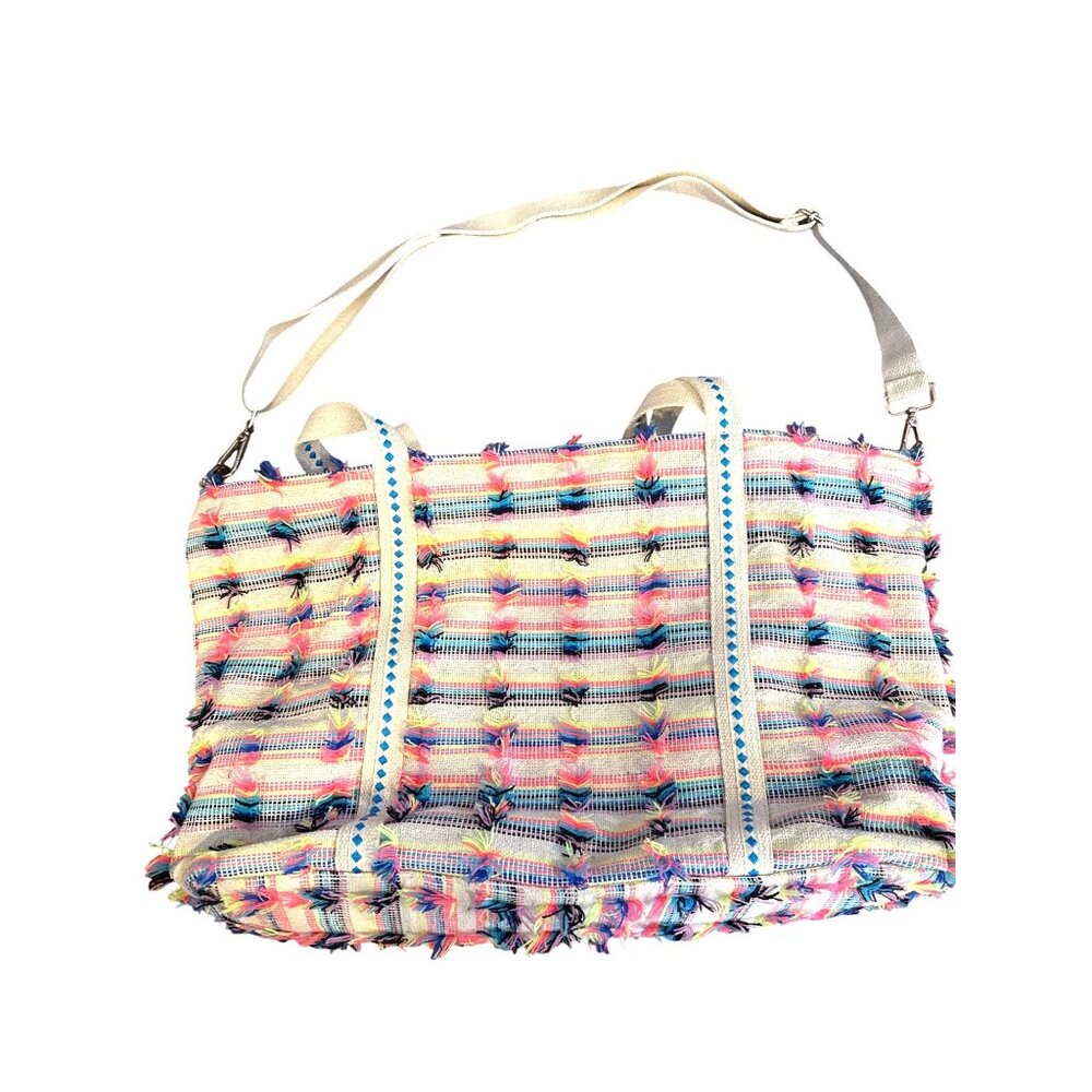 America & Beyond Boho Weekender Tote Bag Pouch Set Pom Tassel Stripe Beaded - Picture 3 of 16